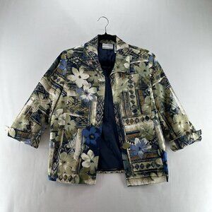 Alfred Dunner Blazer Jacket Womens Sz 8P Lined Open Front Collared Floral Green